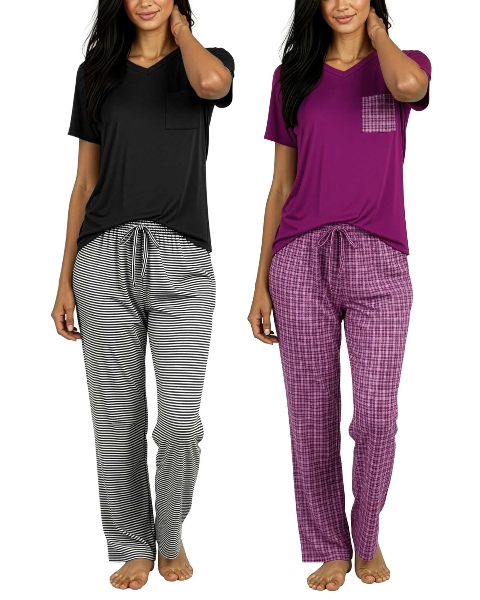 Real Essentials Women's Pajama Sets Short Sleeve | Comfy, Silky, Lightweight (95% Polyester, 5% Spandex) — Set E Black & Purple / Medium / Standard