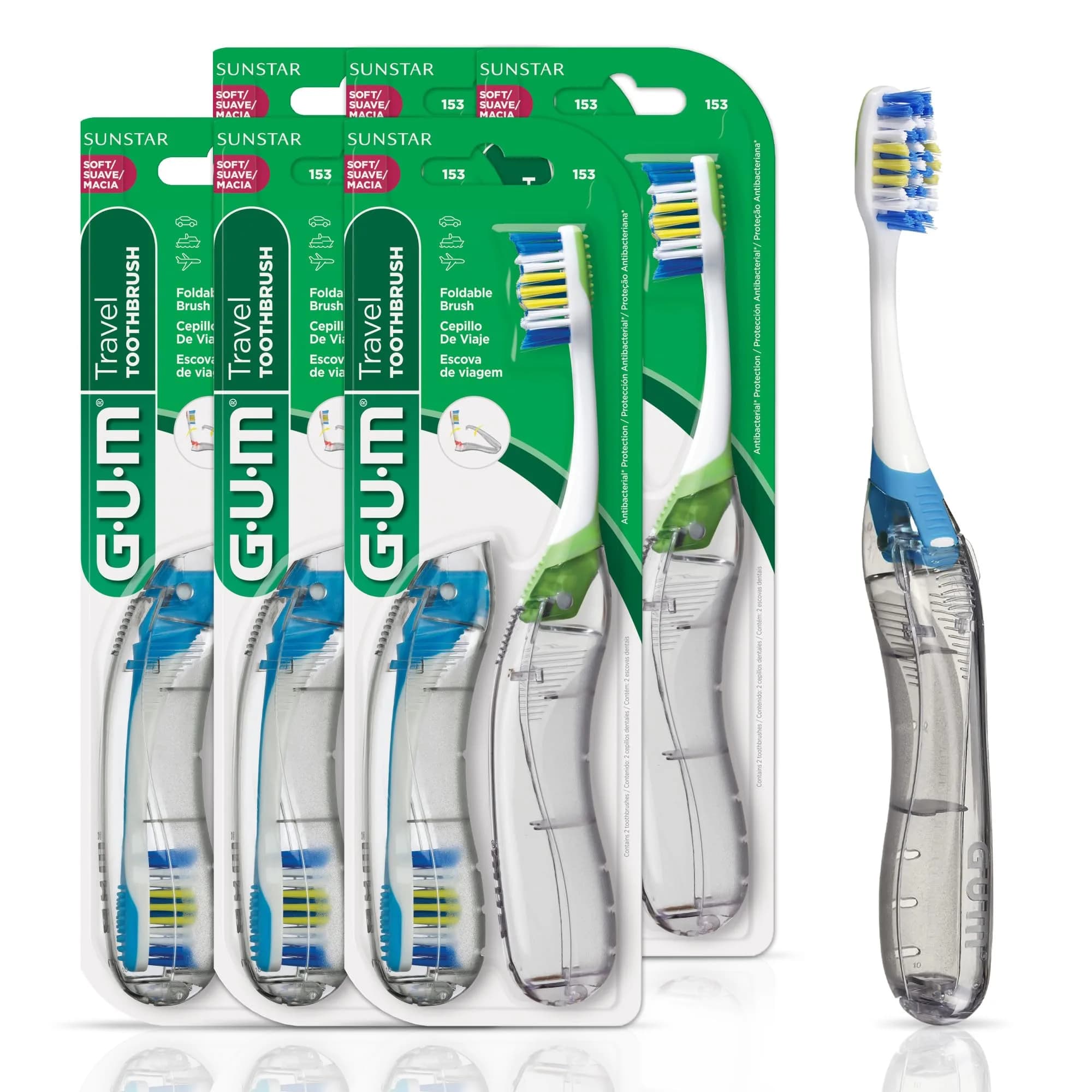 GUM Folding Travel Toothbrush 12 Count (Pack of 6) | Hygienic Tri-Fold Design with Tongue Cleaner