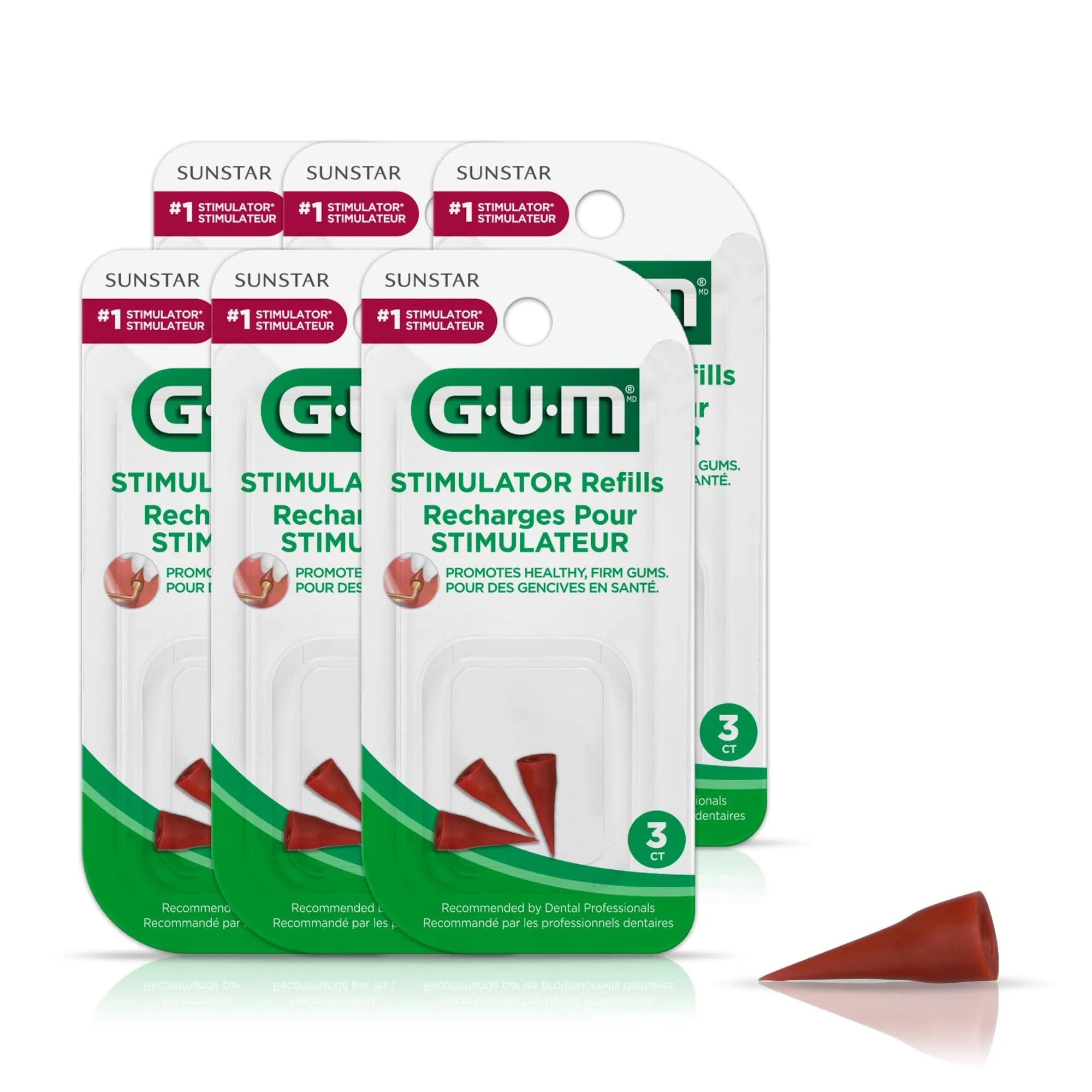 GUM Stimulator Refills Rubber Tips 18 Count (Pack of 6) | Dermatologist Tested for Healthier Gums — Red