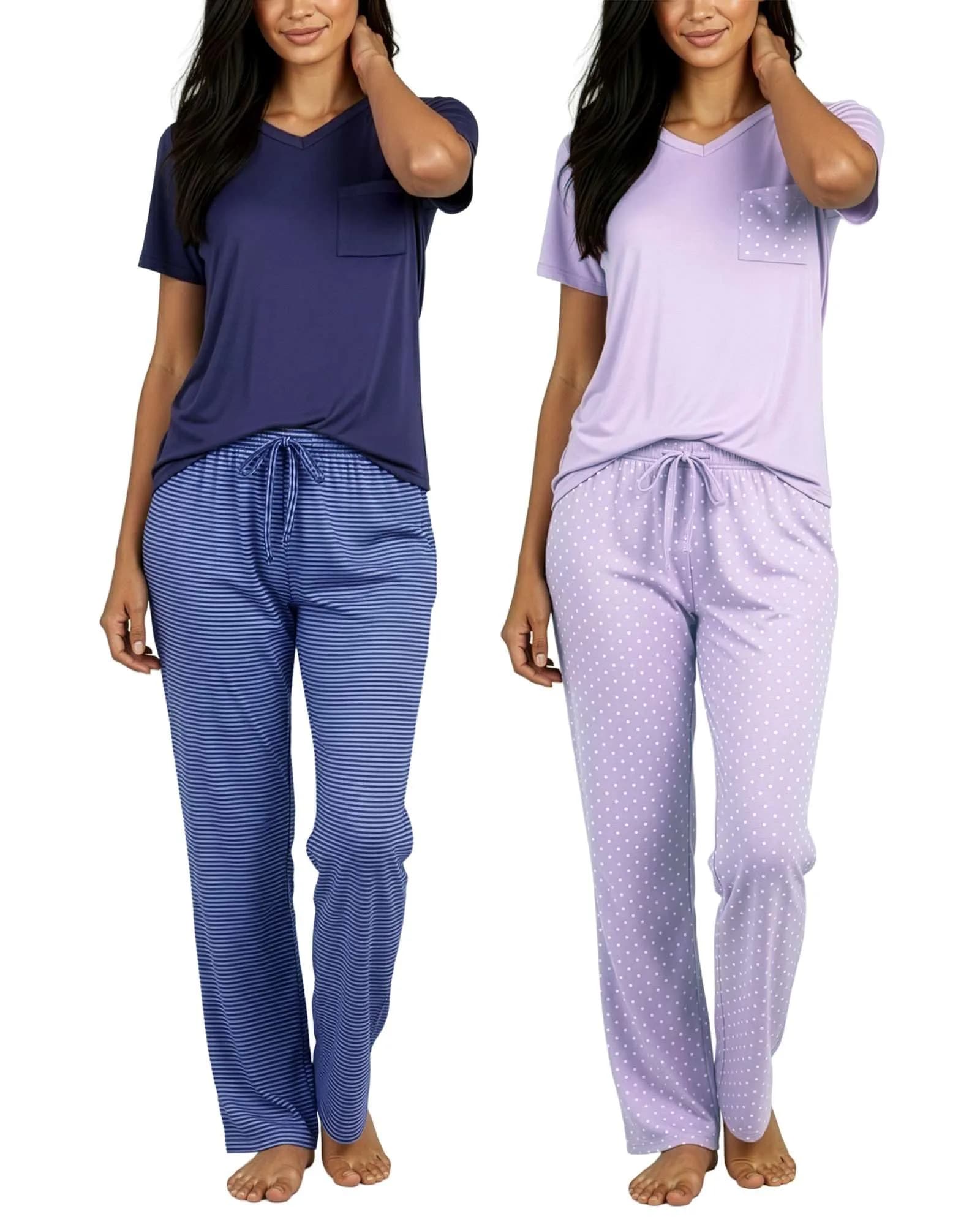 Real Essentials Women's Pajama Sets Short Sleeve | Comfy, Silky, Lightweight (95% Polyester, 5% Spandex) — Set B Purple & Blue / Large / Standard