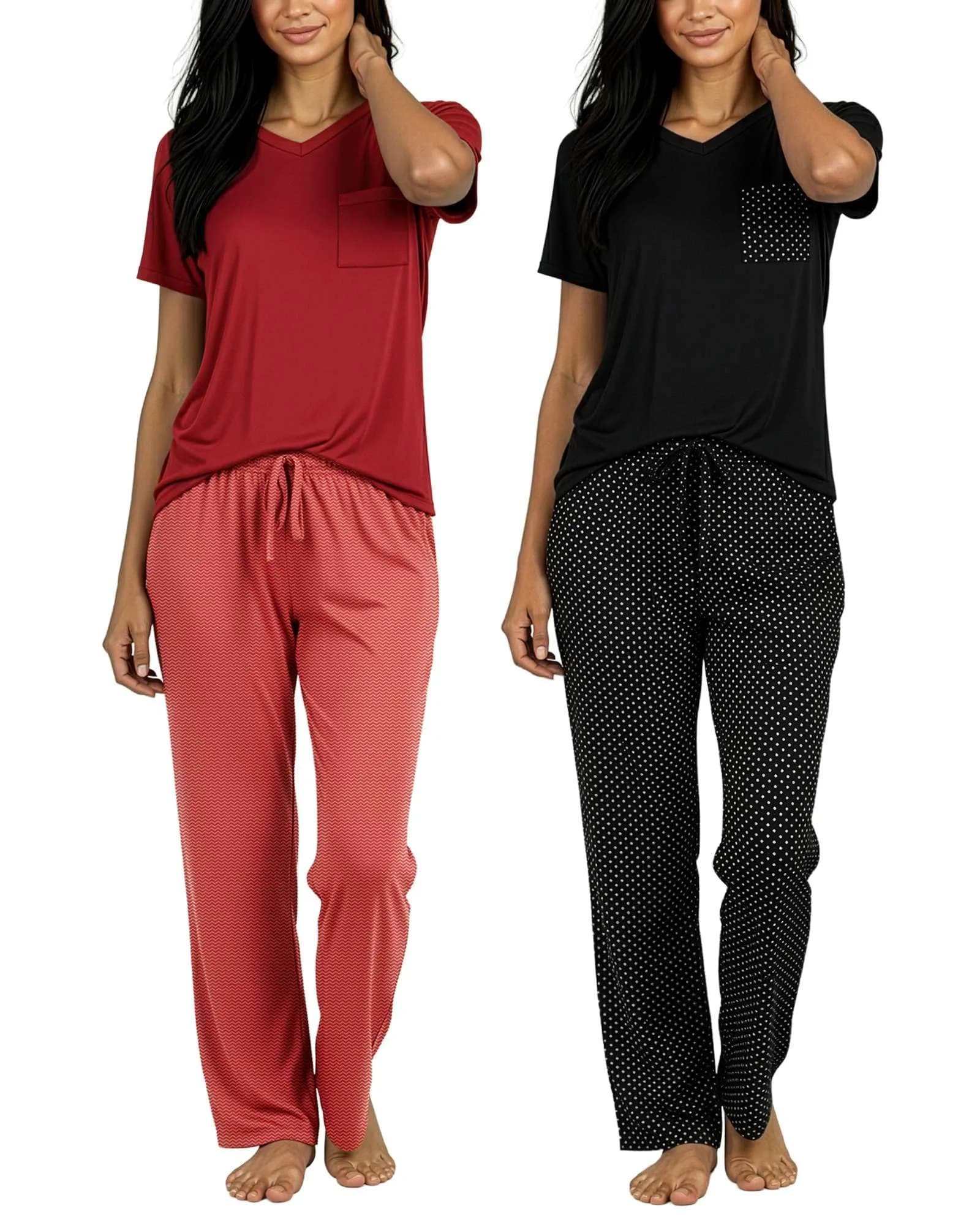 Real Essentials Women's Pajama Sets Short Sleeve | Comfy, Silky, Lightweight (95% Polyester, 5% Spandex) — Set D Black & Orange