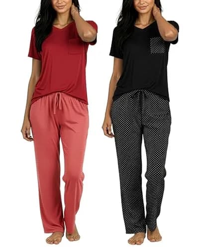 Real Essentials Women's Pajama Sets Short Sleeve Sleepwear 2 Pack | Silky Soft, Comfy & Breathable (en_US) thumbnail 1