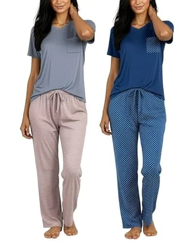 Real Essentials Women's Pajama Sets Short Sleeve | Comfy, Silky, Lightweight (95% Polyester, 5% Spandex) thumbnail 1