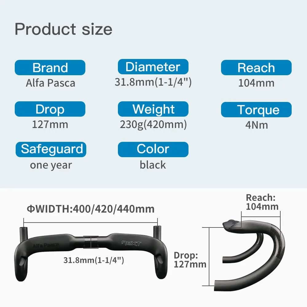 Alfa Pasca Next UD Matte Carbon Fiber Road Bike Handlebars 31.8 x 400mm Aero Drop Bars - view 2