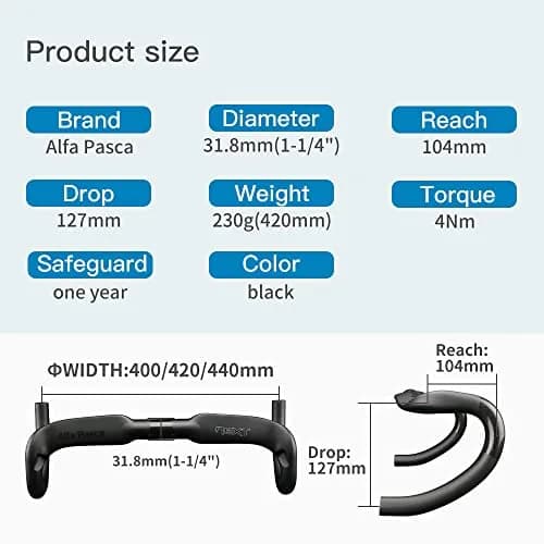 Alfa Pasca Carbon Fiber Road Bike Handlebars 31.8 x 420mm | UD Matte Aero Drop Bars thumbnail 2