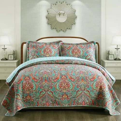 NEWLAKE Cotton Bedspread Quilt Sets-Reversible Patchwork Coverlet Set, European Gorgeous Floral Pattern, Twin Size thumbnail 1