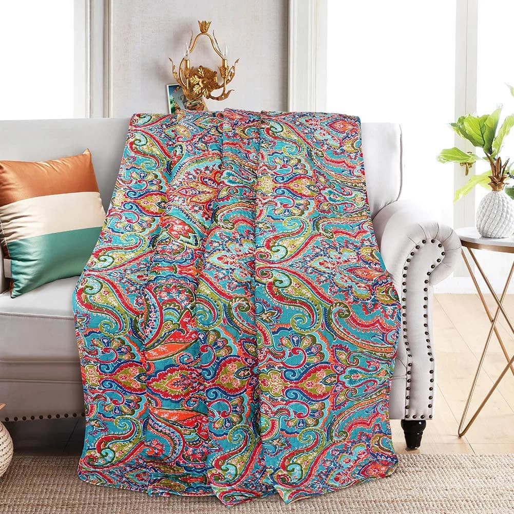 NEWLAKE Quilted Throw Blanket for Bed Couch Sofa, European Gorgeous Floral, 60X78 Inch — Orange/Blue