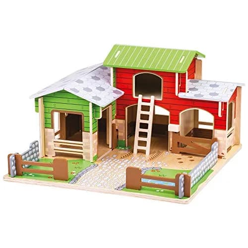 Bigjigs Toys Wooden Cobblestone Farm with Working Gates, Stable & Hay Loft | Classic Animal Playset for Kids 3+ thumbnail 1