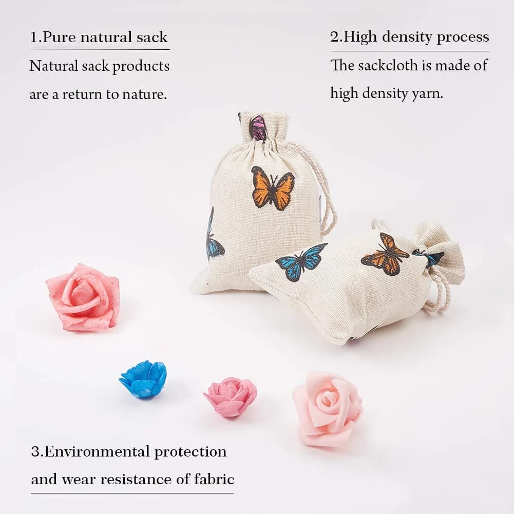 PH PandaHall Butterfly Cotton Bags 14cm (5.5in) x 10cm (4in) | 50 Pcs Drawstring Pouches for Gifts & Jewelry - view 3