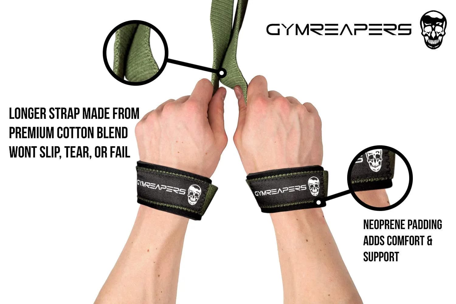 Gymreapers Lifting Wrist Straps Military Green | Padded Neoprene & 18" Cotton for Deadlifts & Weightlifting - view 2