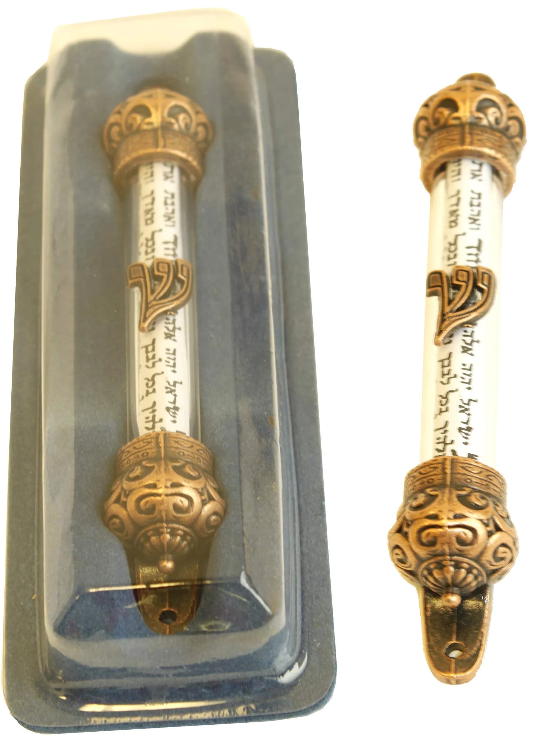 Holy Land Market Crown Mezuzah with Scroll - 5 in, Antique Gold (Copper), Elegant Religious Decor
