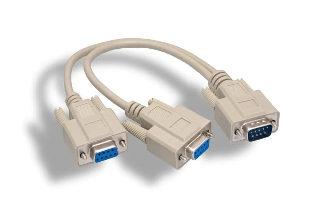 KENTEK 1 Feet RS-232 Serial Cable 9 Pin Male to 2X Female, EMI/RFI Shielded, Beige, 28 AWG, Data Connectivity — Beige