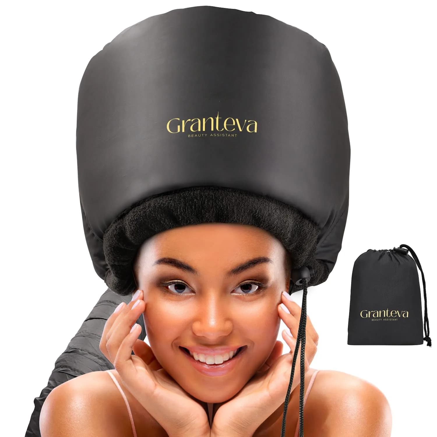 Granteva Large Hooded Hair Dryer Attachment with Headband for Curly Hair, Speeds Drying Time, Deep Conditioning At Home — Black