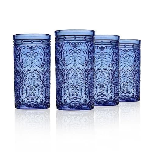 Godinger Jax Collection Blue Highball Glasses, 355ml (12 fl oz) Set of 4 | Vintage Design Tall Glass Cups thumbnail 1