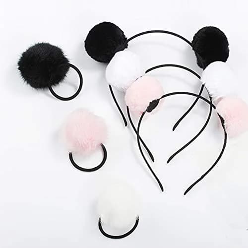 lasenersm Fluffy Furry Pom-Ball Headbands and Elastic Hair Ties - 6 Pieces, 3 Pairs | Cute Faux Fur Animal Ear Headbands for Girls & Women thumbnail 1