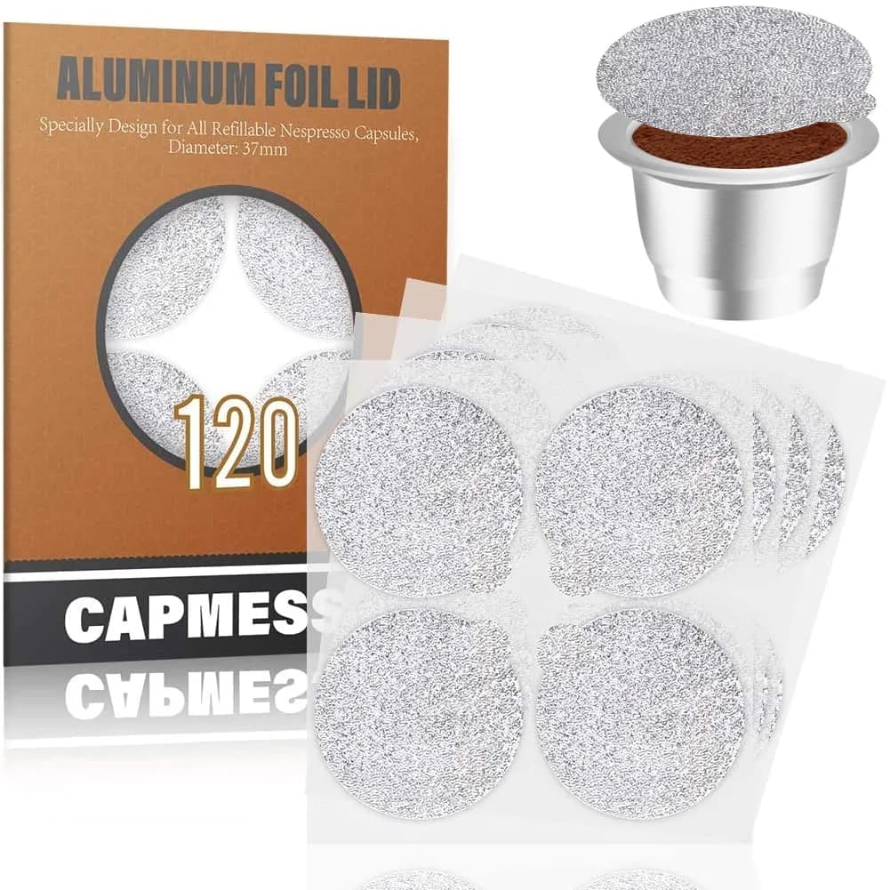 CAPMESSO Aluminum Coffee Pod Seal Lids for Nespresso Original Line Capsules, 120PCS | Reusable Coffee Filter Alternative - main product image