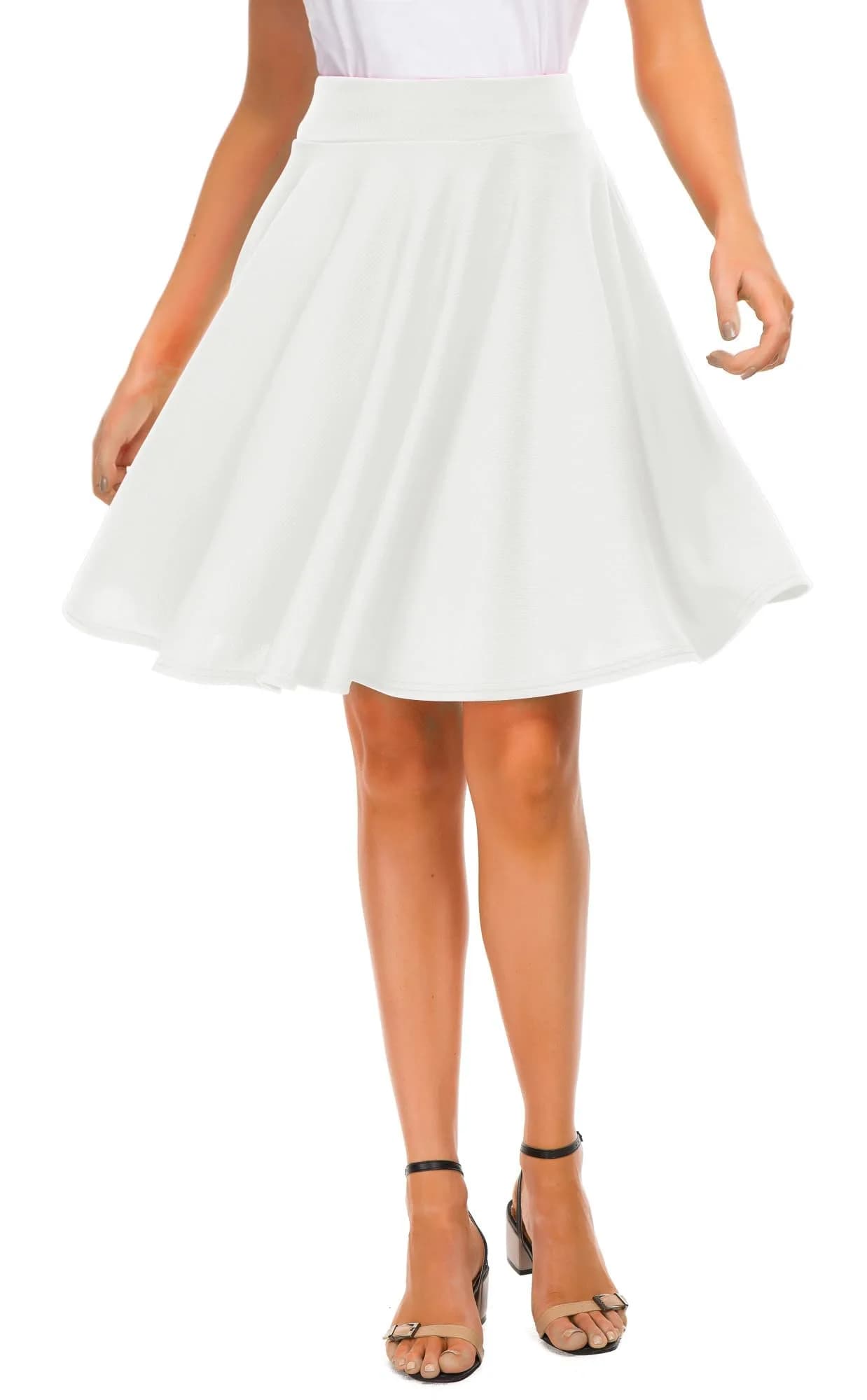 EXCHIC Women's Casual Flared High Waist Skater Skirt XL | A-Line Pleated Midi — White / X-Large