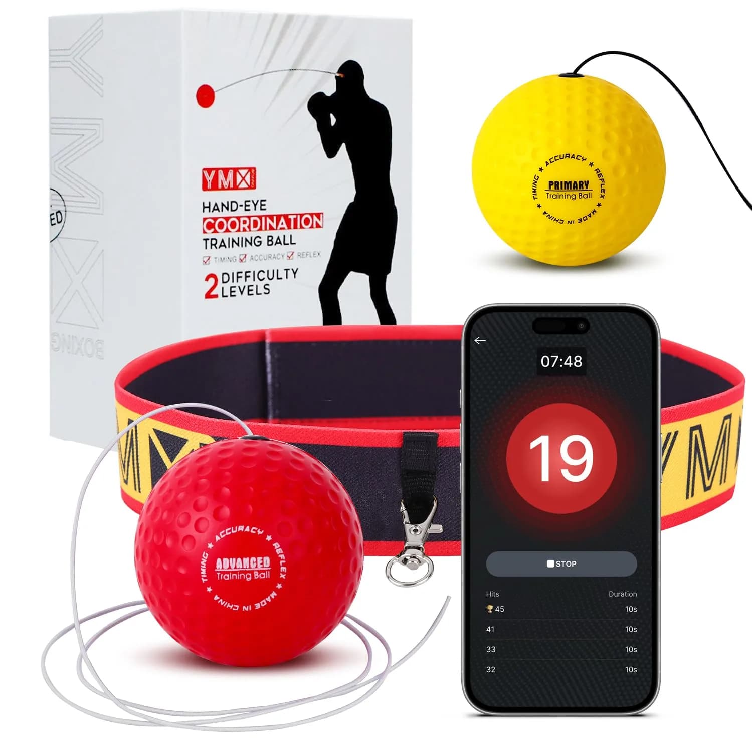 YMX BOXING Training Reflex Ball with Counter App & Headband | 10.2cm (4 inch) Diameter — Yellow/Black