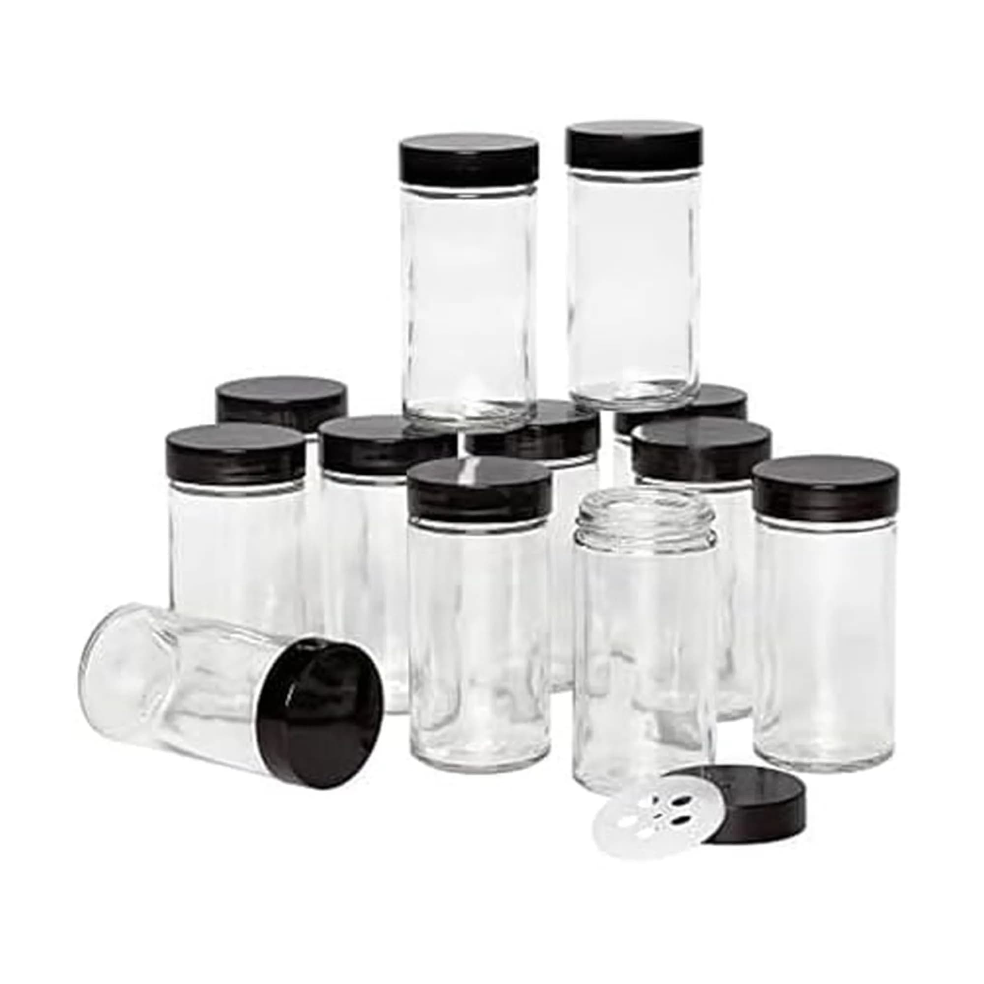 Kamenstein 12-Piece Empty Glass Spice Jar Set Black Lids 3 oz | Clear, Airtight, Versatile Kitchen Storage — Black