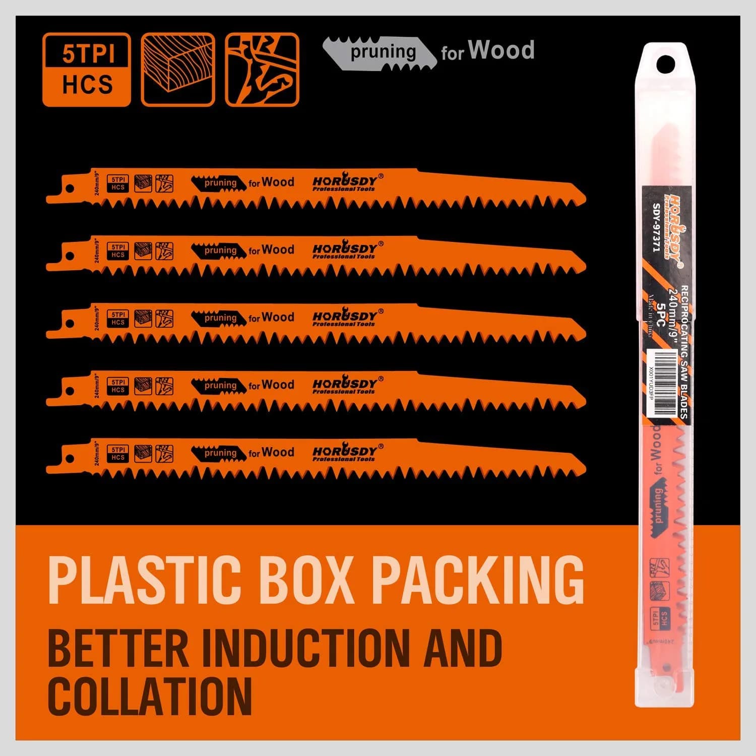 HORUSDY 9-Inch Wood Pruning Reciprocating Saw Blades, 5 TPI, 5-Pack | Fast Cutting Green Wood & Branches - view 6