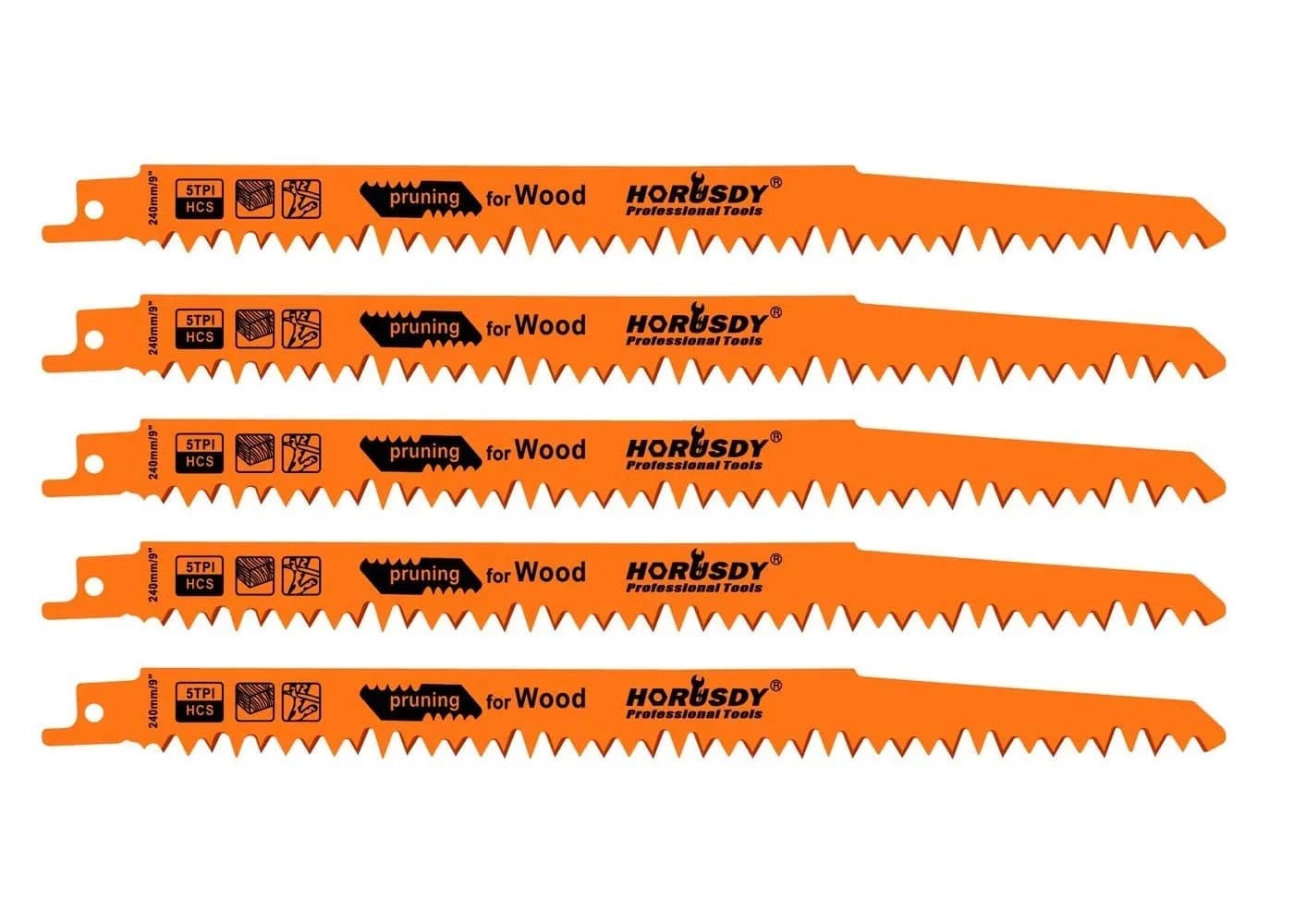 HORUSDY 9-Inch Wood Pruning Reciprocating Saw Blades, 5 TPI, 5-Pack | Fast Cutting Green Wood & Branches - main product image