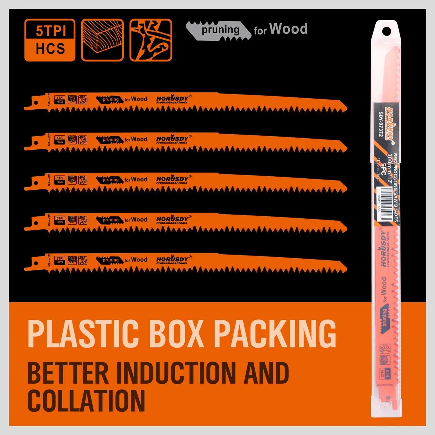 HORUSDY 12-Inch Wood Pruning Reciprocating Saw Blades, 5 TPI HCS Carbon Steel, 5-Pack | Fast Cutting Green Wood & Plastic - view 6