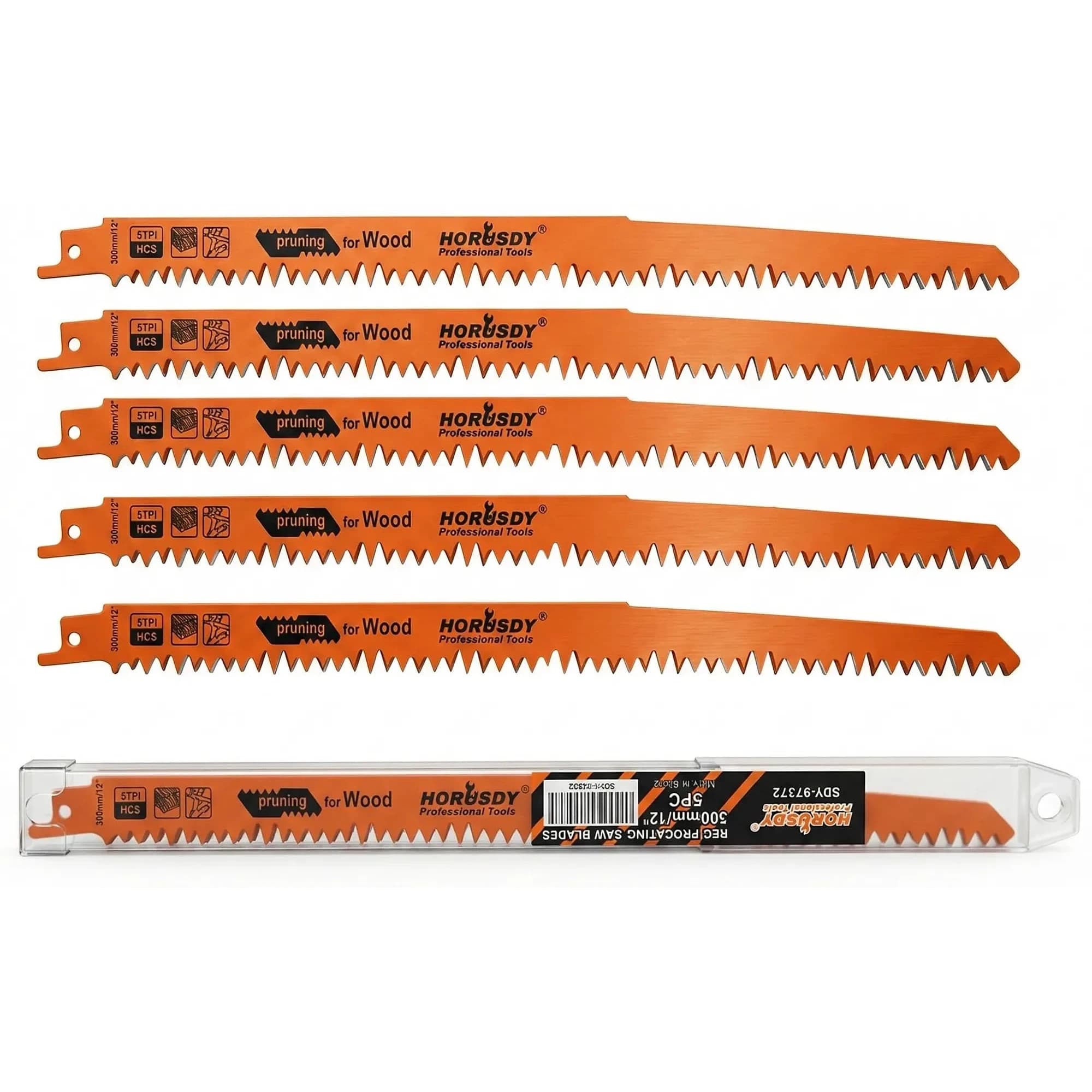 HORUSDY 12-Inch Wood Pruning Reciprocating Saw Blades, 5 TPI HCS Carbon Steel, 5-Pack | Fast Cutting Green Wood & Plastic - main product image