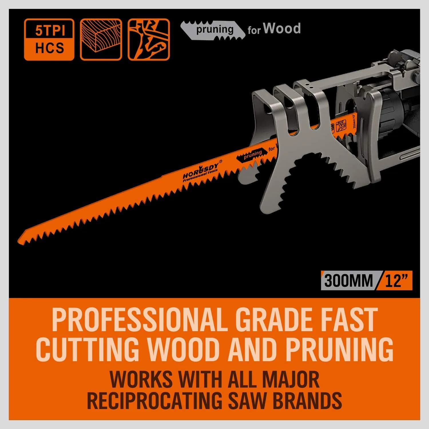 HORUSDY 12-Inch Wood Pruning Reciprocating Saw Blades, 5 TPI HCS Carbon Steel, 5-Pack | Fast Cutting Green Wood & Plastic - view 3