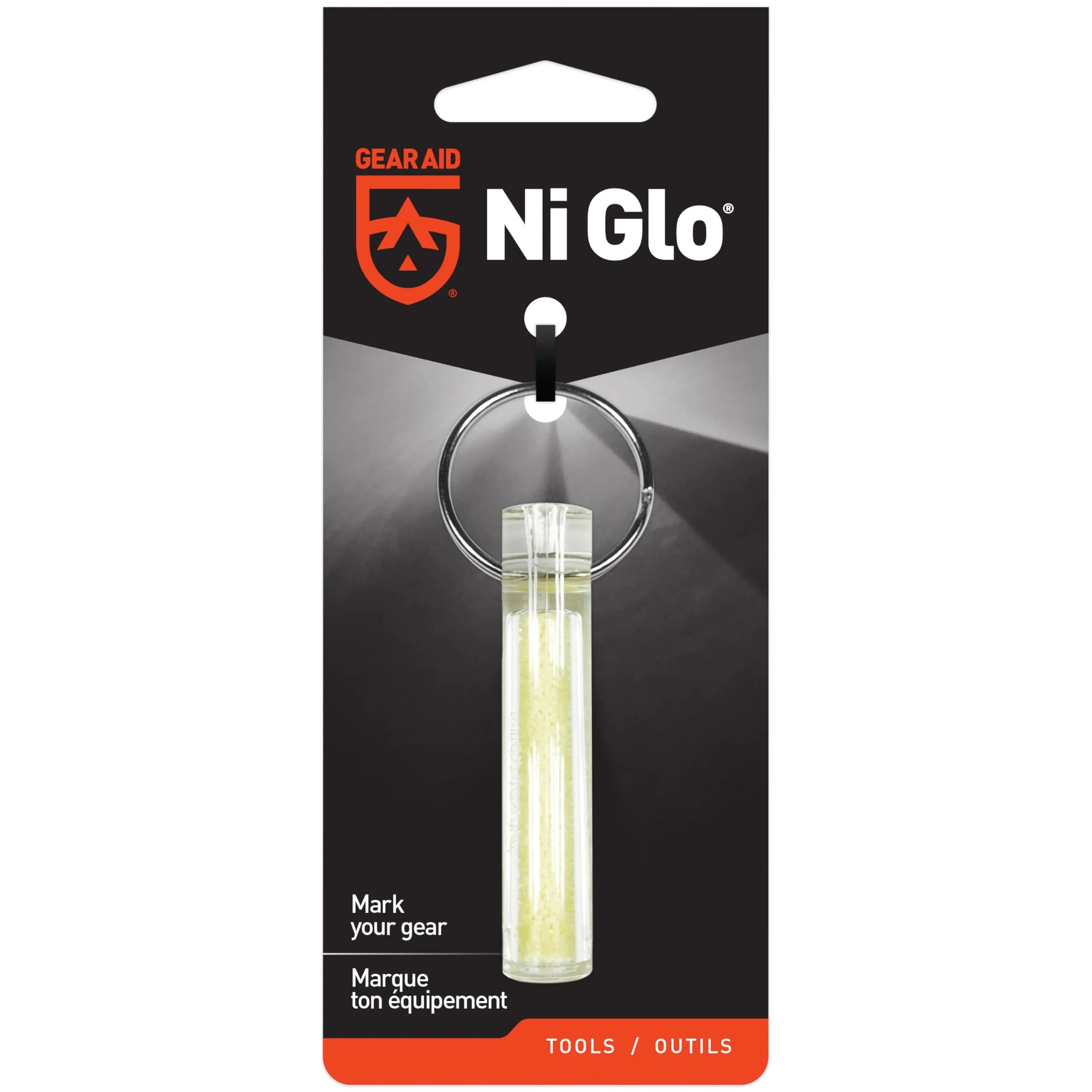 GEAR AID Ni Glo UV Rechargeable Glowing Keychain 2cm (0.79in) | Glows Bright Green for Hours — Clear