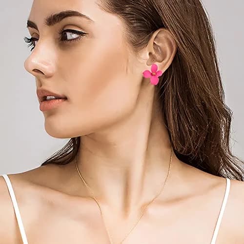 Artilady Boho Flower Stud Earrings for Women, Rose Pink Resin & Brass | Lightweight Daily Wear thumbnail 3