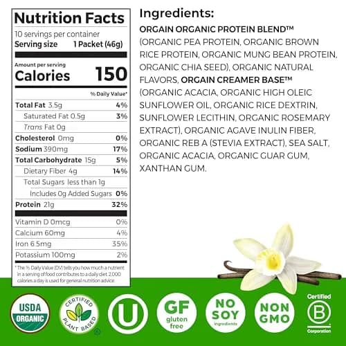 Orgain Organic Vegan Protein Powder Vanilla Bean 162g (5.7 oz) | 21g Protein Per Serving thumbnail 2