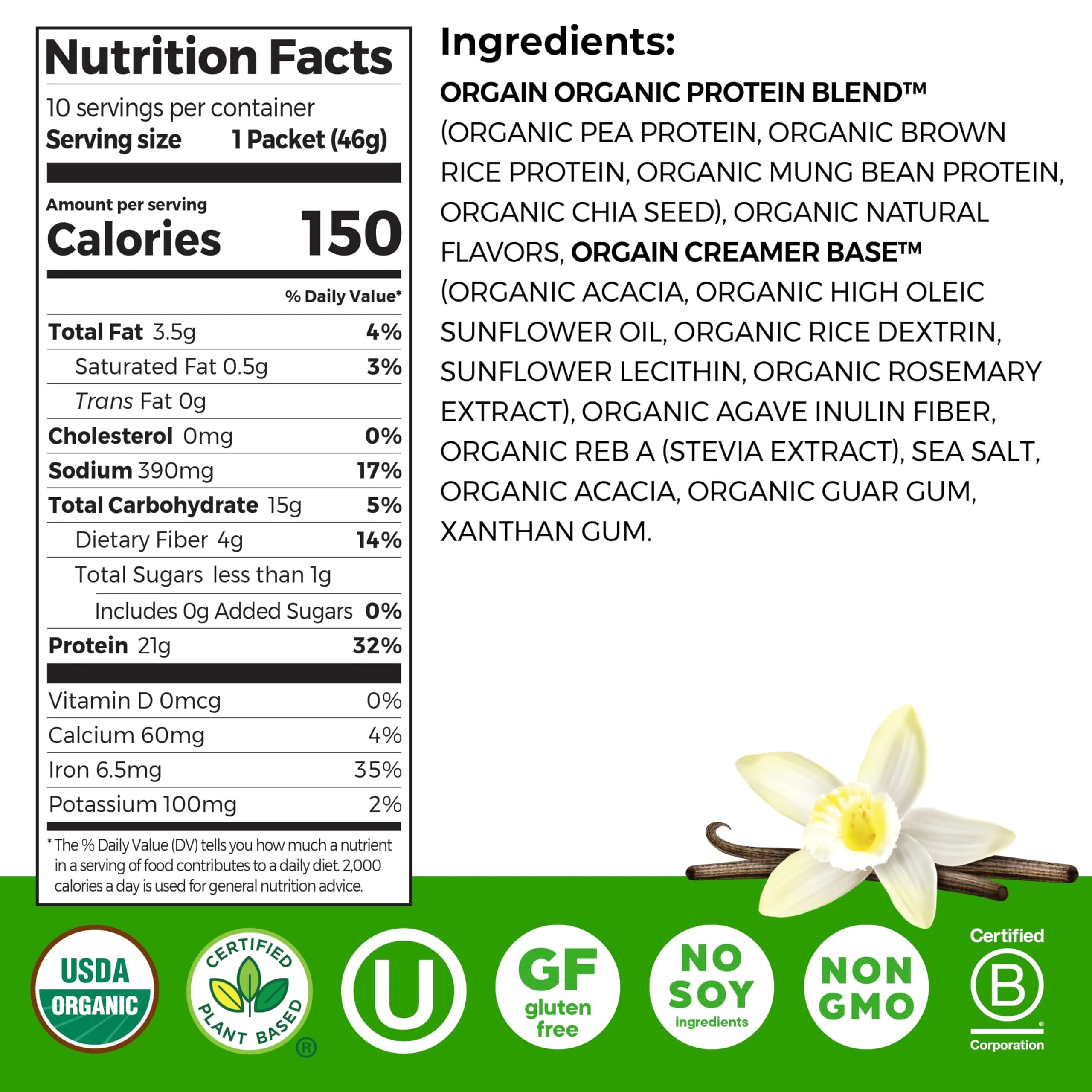 Orgain Organic Vegan Protein Powder Vanilla Bean 162g (5.7 oz) | 21g Protein Per Serving - view 2