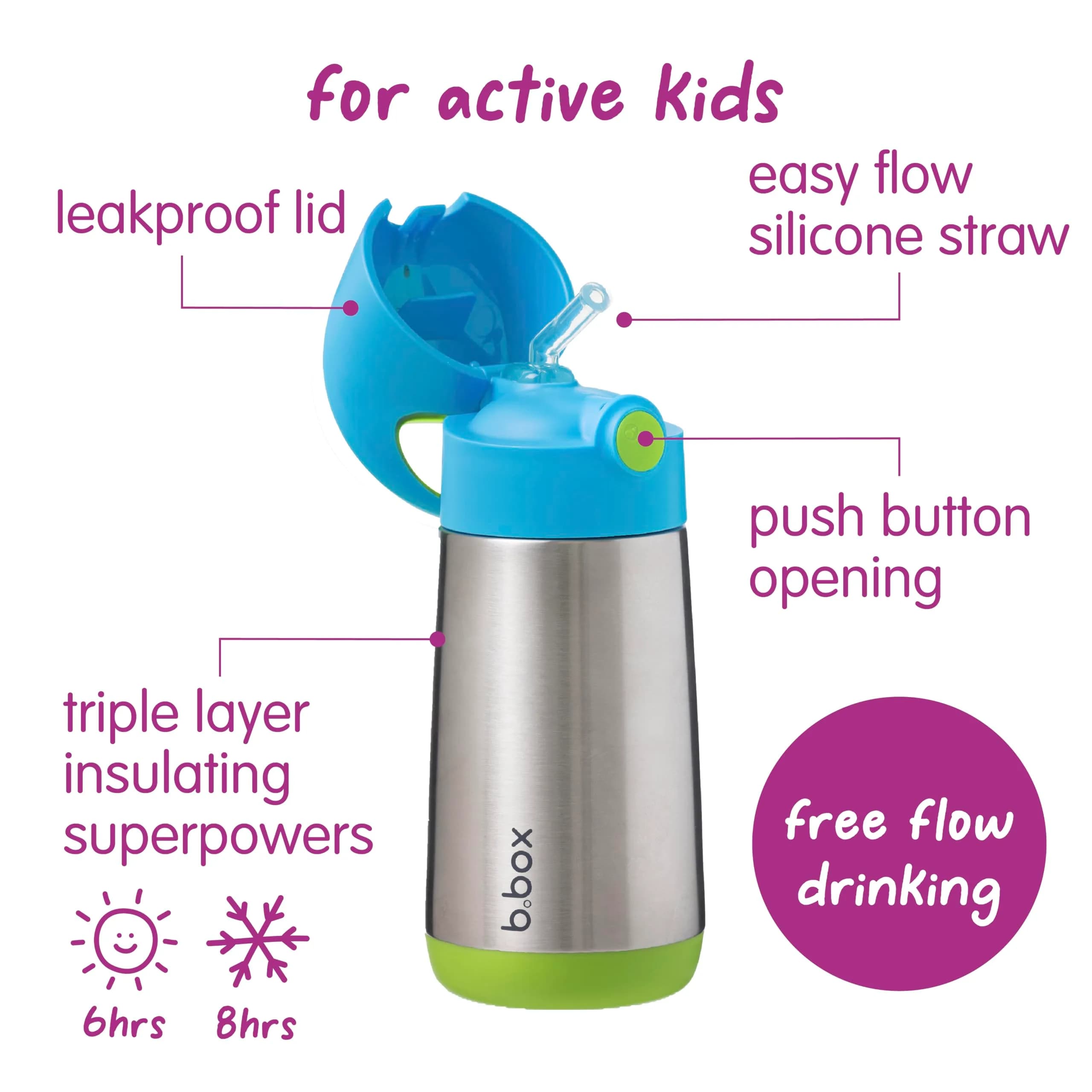 b.box Insulated Water Bottle for Kids, 350ml (12 oz) Ocean Breeze | Keeps Drinks Cold 8 Hrs, Warm 6 Hrs - view 3