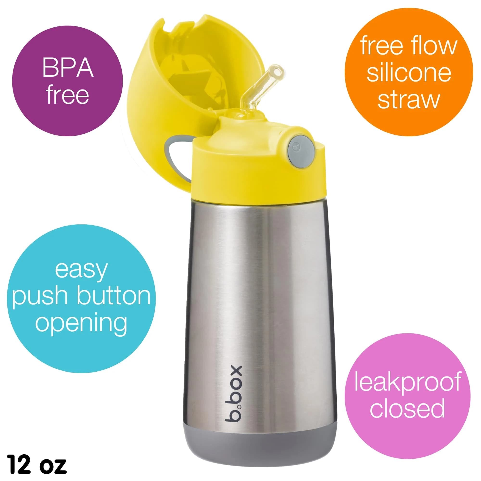 b.box Insulated Water Bottle for Kids, 350ml (12 oz) Lemon Sherbet | Keeps Drinks Cold for 8 Hours - view 3