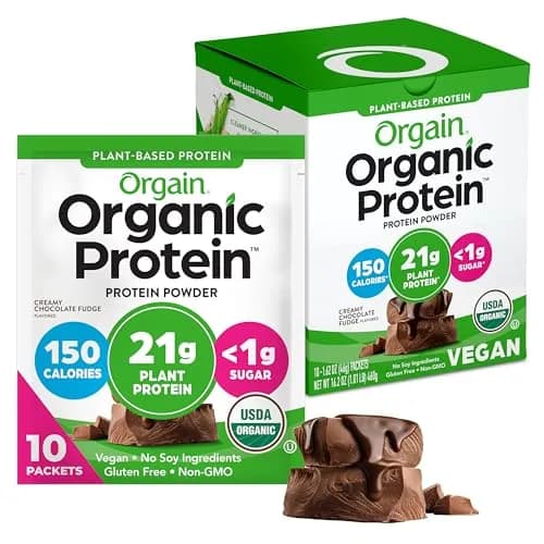 Orgain Organic Vegan 21g Protein Powder, Chocolate Fudge, 10 Travel Packs | Plant-Based, USDA Organic, 21g Protein thumbnail 1