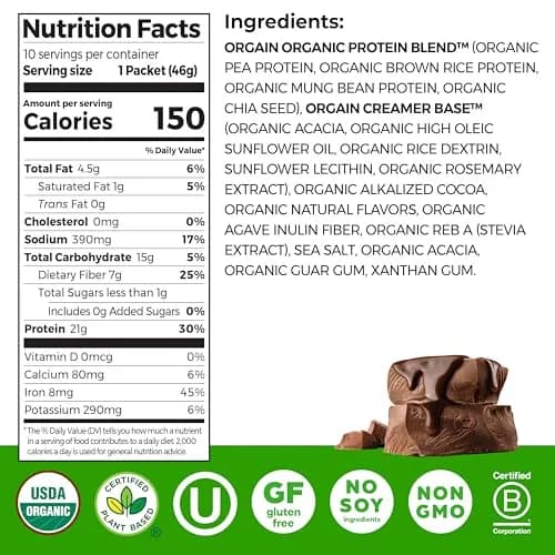 Orgain Organic Vegan 21g Protein Powder, Chocolate Fudge, 10 Travel Packs | Plant-Based, USDA Organic, 21g Protein thumbnail 2