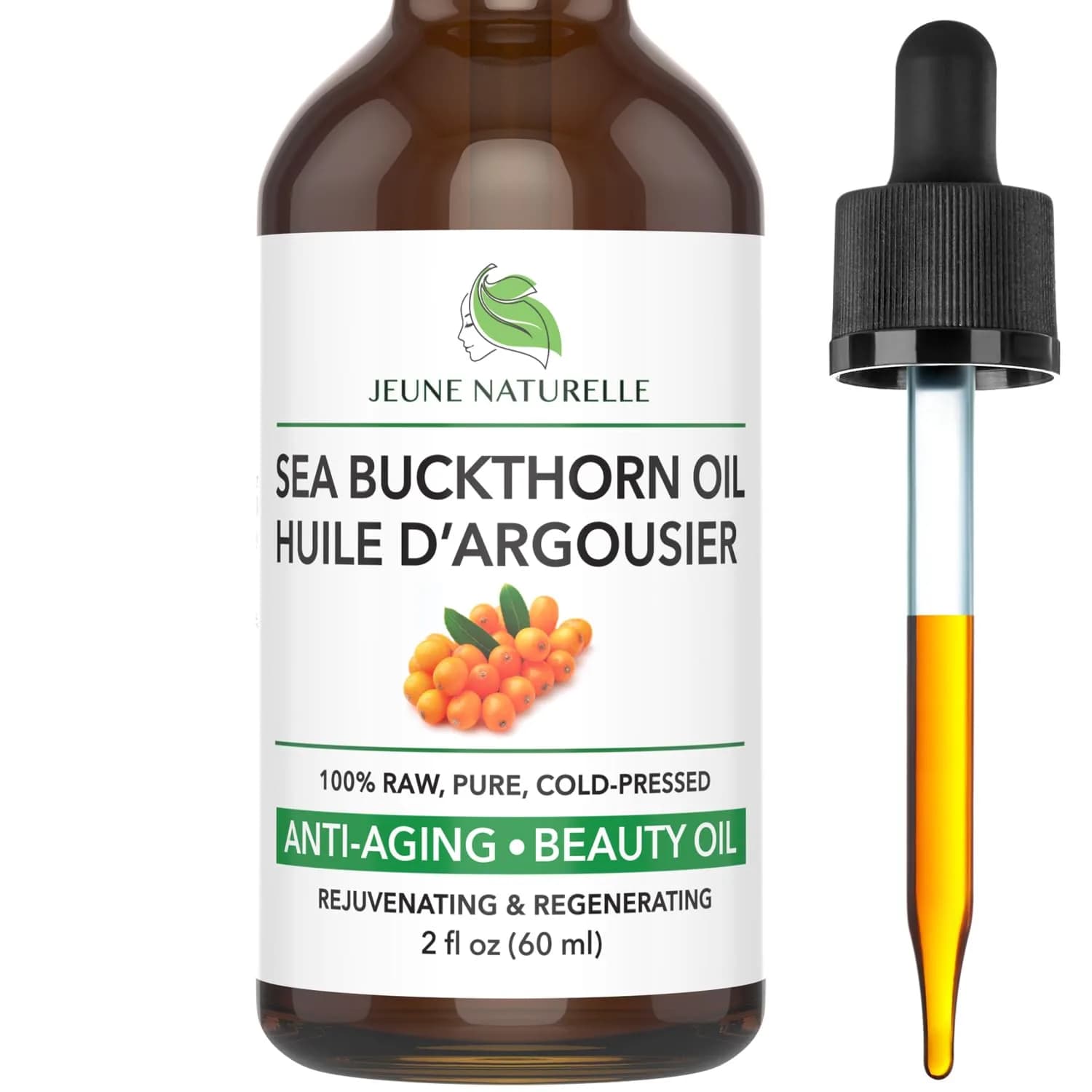 Jeune Naturelle Sea Buckthorn Oil 2 Fl Oz | Organic, Pure, Cold Pressed, Unrefined, Non-Comedogenic — 2 Fl Oz