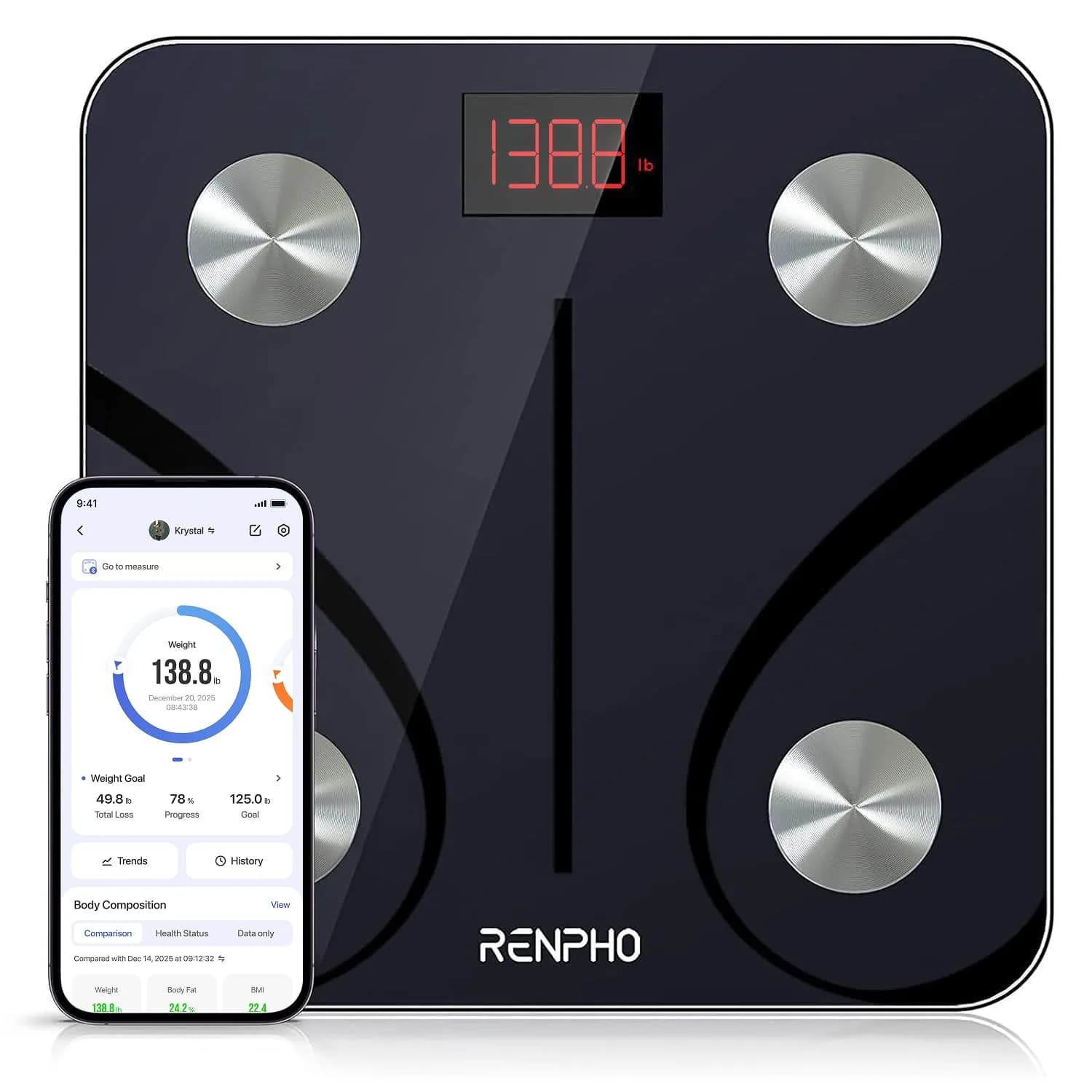 RENPHO Digital Smart Scale, BMI & Body Fat, Bluetooth, 13 Metrics, App Sync, 26cm (10.2") | Accurate Body Composition Tracking - main product image