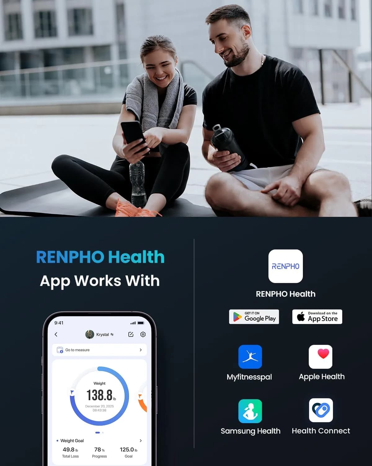 RENPHO Digital Smart Scale, BMI & Body Fat, Bluetooth, 13 Metrics, App Sync, 26cm (10.2") | Accurate Body Composition Tracking - view 4