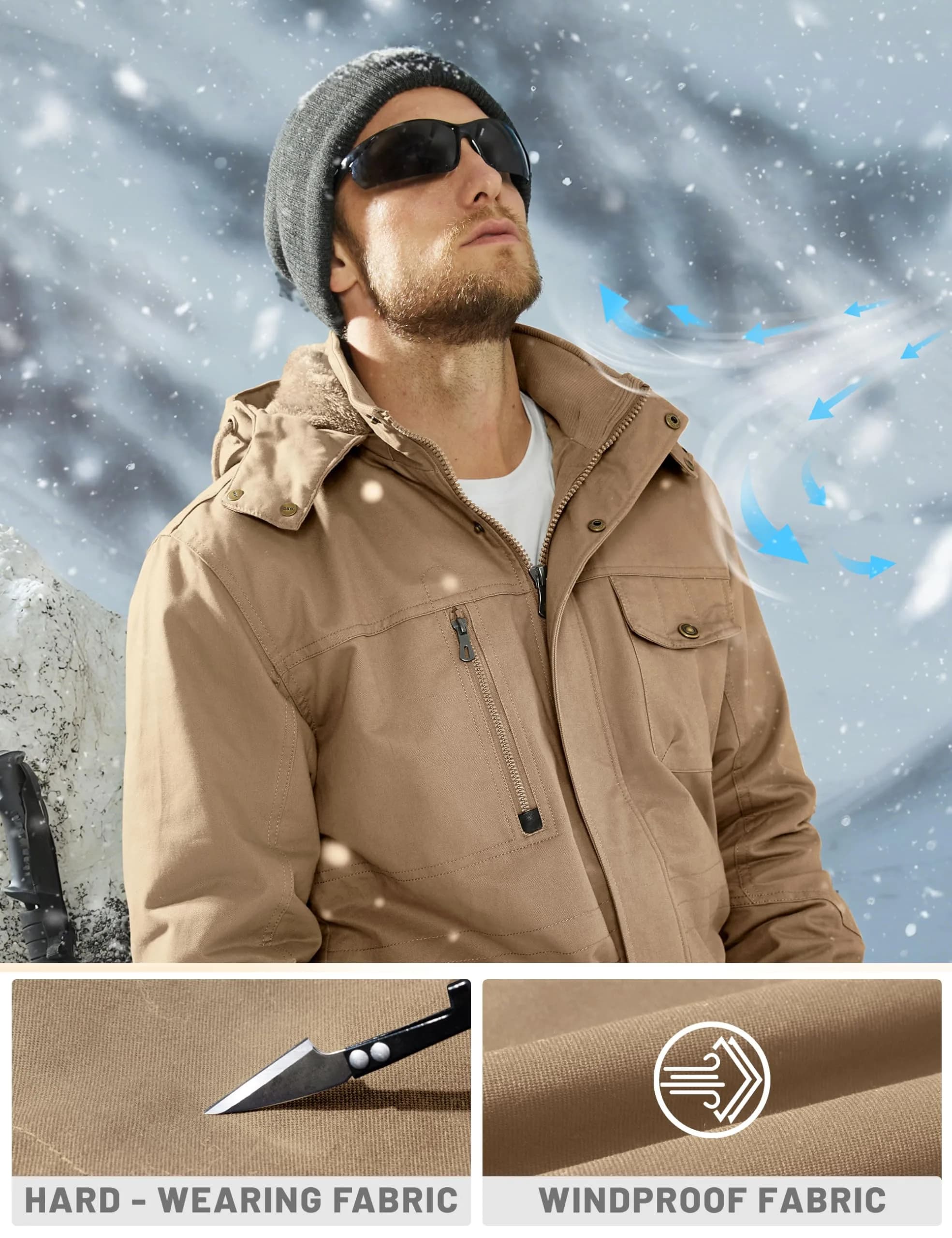 TACVASEN Men's Winter Jacket Fleece Lined Military Thick Coat Khaki L | Windproof & Warm thumbnail 5