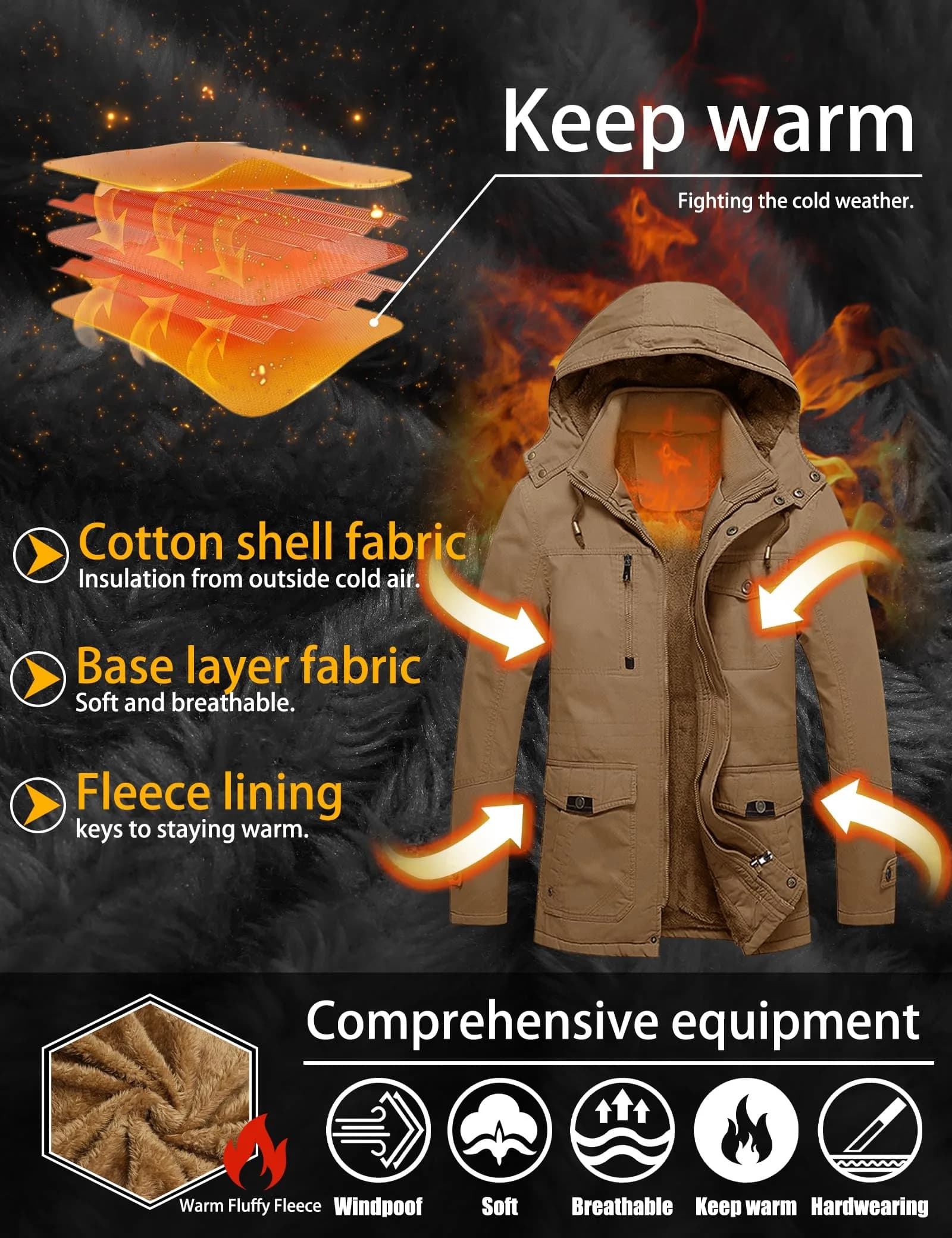 TACVASEN Men's Winter Jacket Fleece Lined Military Thick Coat Khaki L | Windproof & Warm thumbnail 4