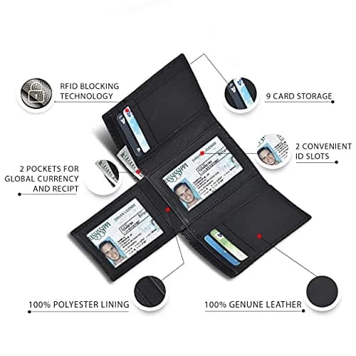 Oak Leathers Charcoal Trifold Wallet RFID Blocking Slim with ID Window thumbnail 2
