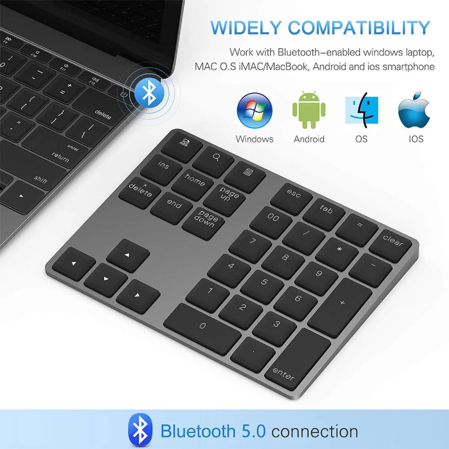 Lekvey Aluminum Rechargeable Wireless Numeric Keypad 34-Keys | Bluetooth 5.0 for Mac, Windows, Android - view 2