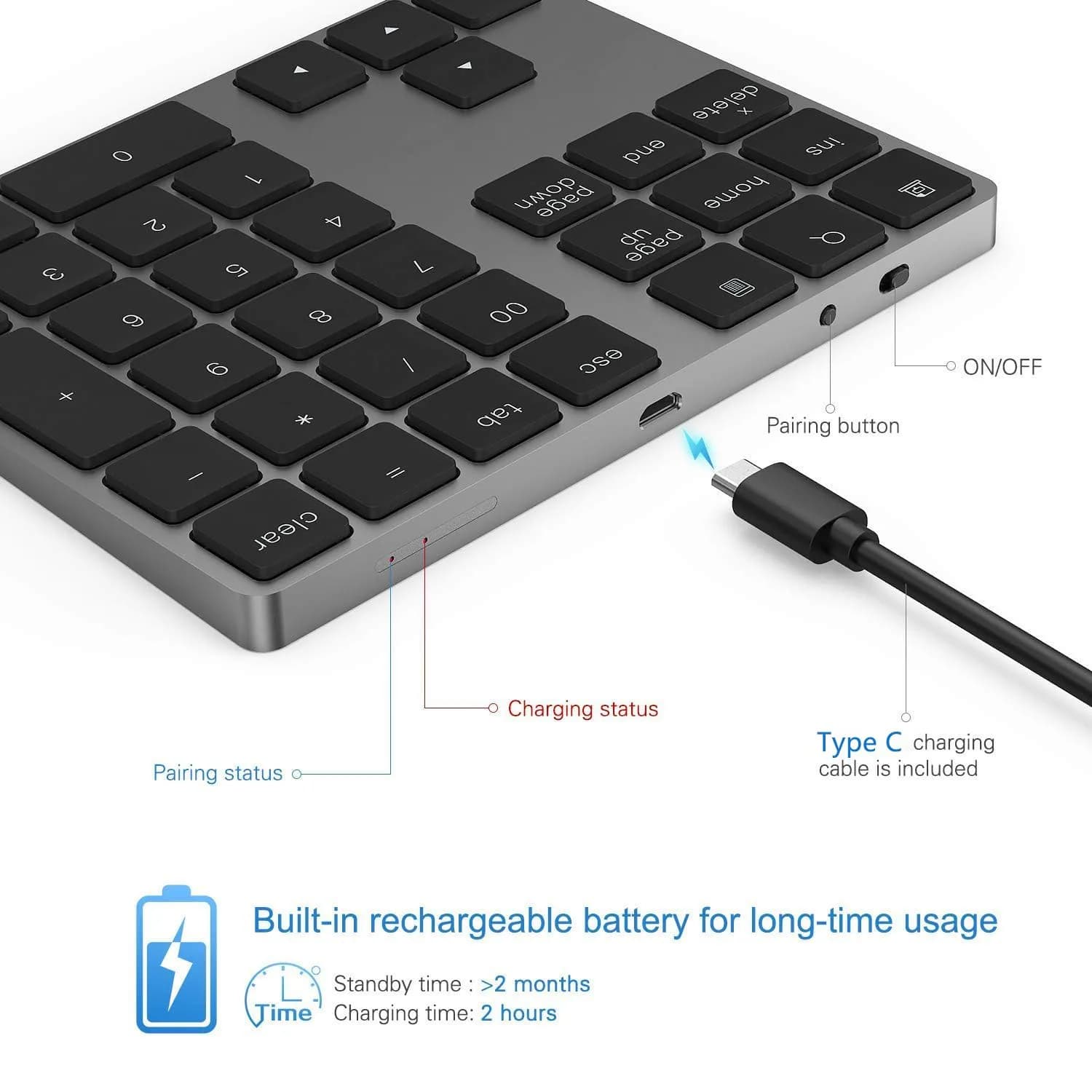Lekvey Aluminum Rechargeable Wireless Numeric Keypad 34-Keys | Bluetooth 5.0 for Mac, Windows, Android - view 3