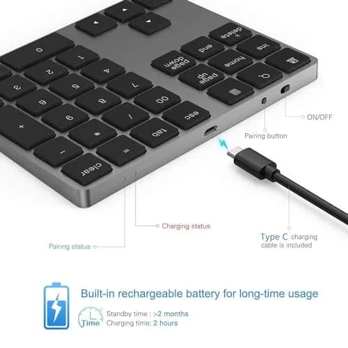 Lekvey Aluminum Rechargeable Wireless Numeric Keypad 34-Keys | Bluetooth 5.0 for Mac, Windows, Android thumbnail 3