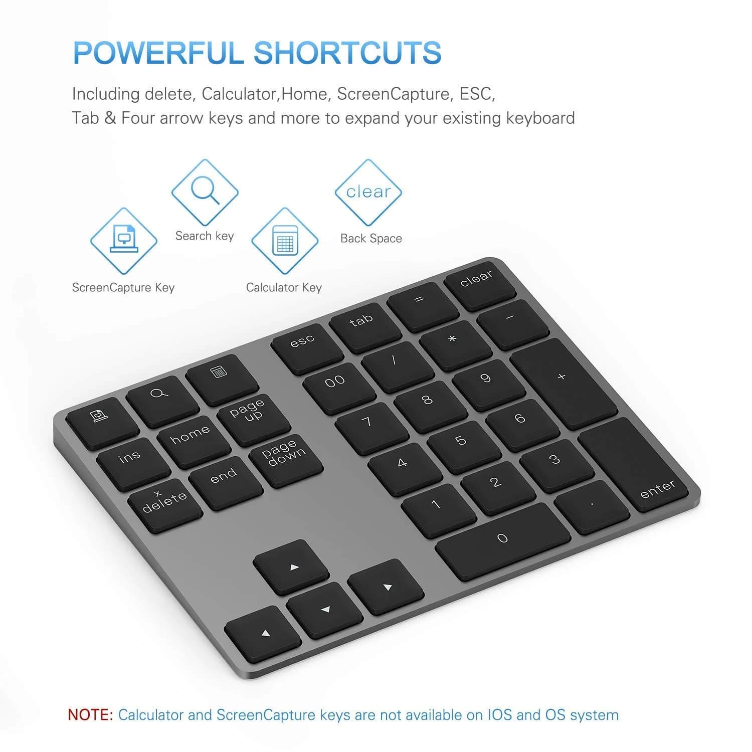 Lekvey Aluminum Rechargeable Wireless Numeric Keypad 34-Keys | Bluetooth 5.0 for Mac, Windows, Android - view 4