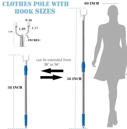 asunflower Extendable Clothes Hook Pole with Hook for Closet, Heavy Duty Long Reach Stick, 33"-56" Blue | Reaching Clothes Hanger Pole thumbnail 2