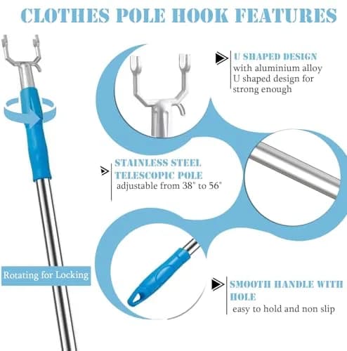 asunflower Extendable Clothes Hook Pole with Hook for Closet, Heavy Duty Long Reach Stick, 33"-56" Blue | Reaching Clothes Hanger Pole thumbnail 3