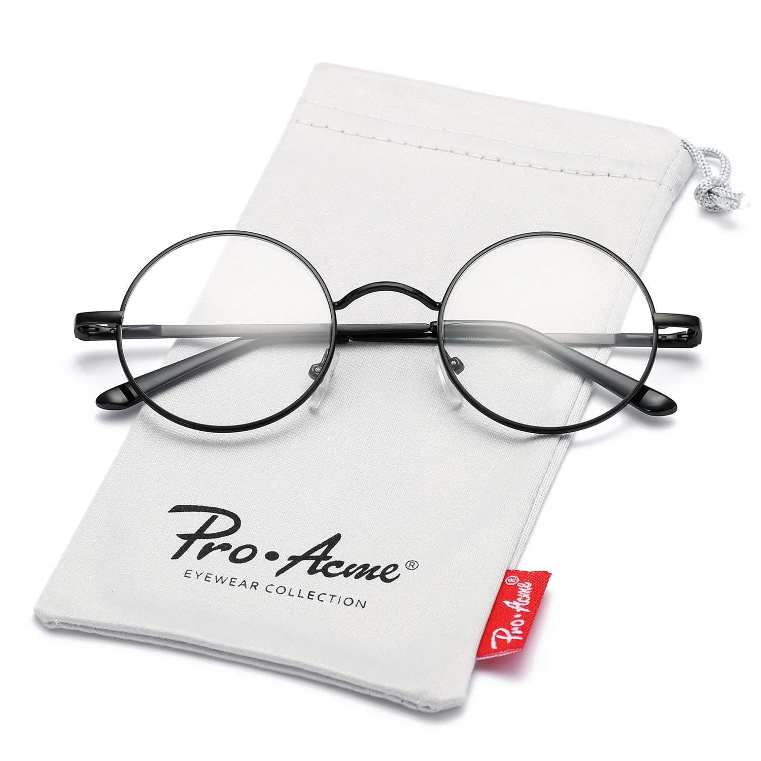 Pro Acme Retro Round Clear Lens Glasses with Metal Frame (Gold) | 46mm Lens Width — A3 - Clear Lens - Black