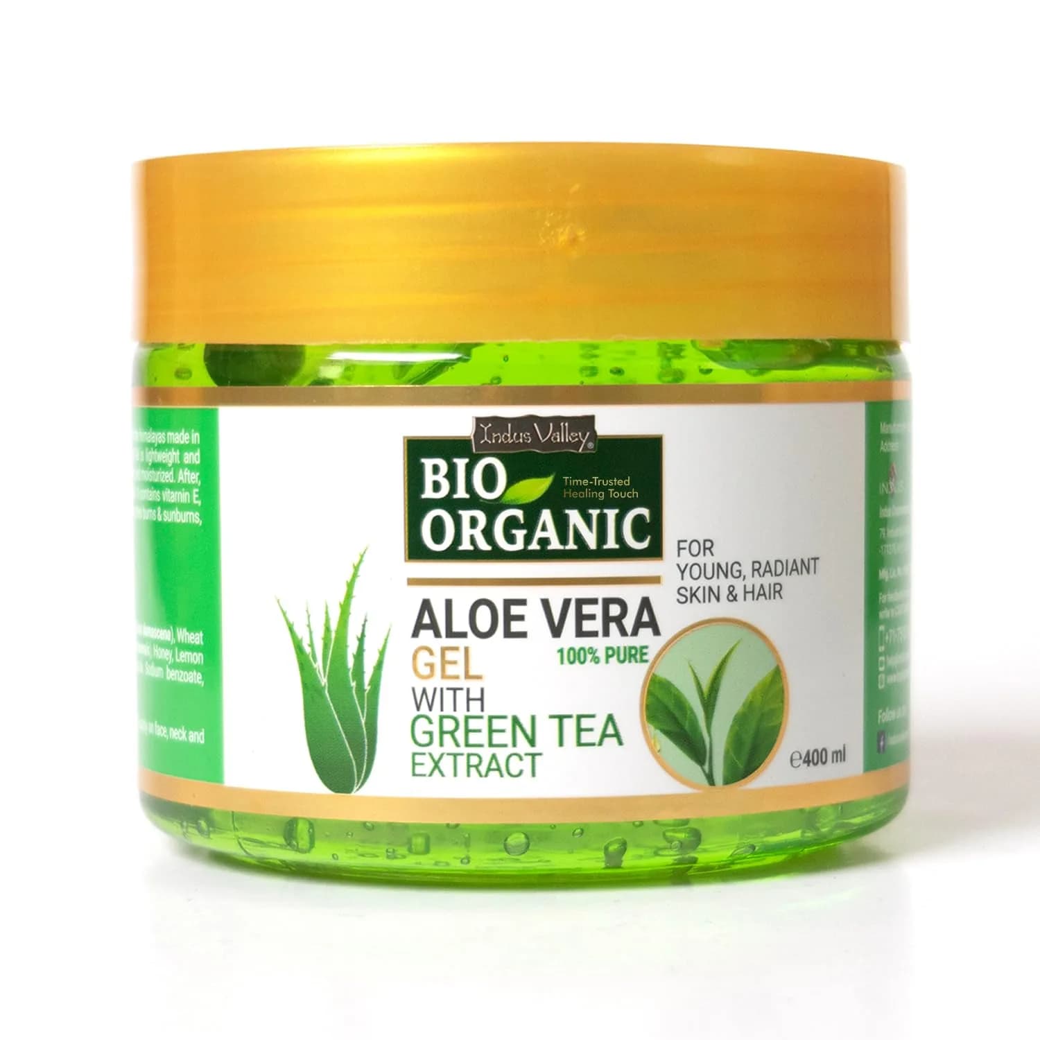 INDUS VALLEY Bio Organic Pure Aloe Vera Gel With Green Tea Extract 400ml (13.53 Fl Oz) | Soothes & Hydrates Skin — Aloe Vera Gel-400ml